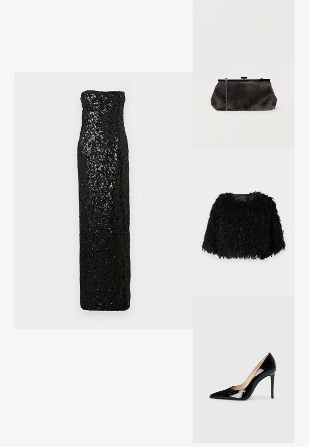 Sort faux fur cropped jakke med en tekstureret, fluffy overflade, rund halsudskæring og ingen synlige lukninger. Foret inderside synlig ved halsen.; Sort aftenkjole uden stropper med en tætsiddende silhuet, dækket af palietter, med en lige udskæring og en gulvlængdekant.; Sorte lakerede højhælede sko med en spids tå-design og en strømlinet silhuet. Har en glat, skinnende finish og en slank stiletto-hæl.; Sort mesh clutch-taske med en struktureret silhuet, prydet med små metalstuds, har en låsemekanisme og en aftagelig kæderekke.