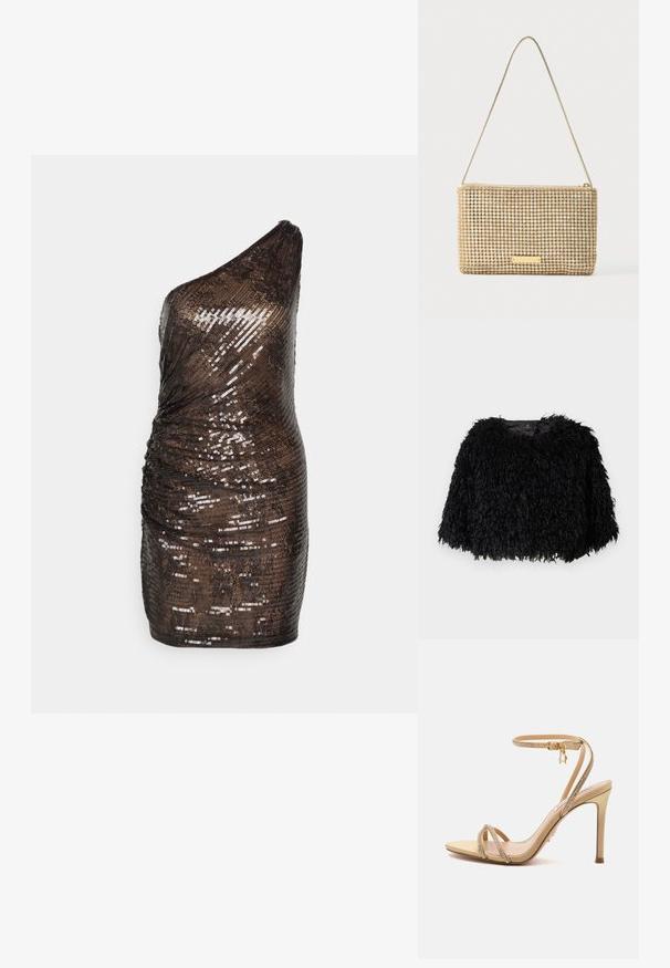 Zwarte nepbont cropped jack met een gestructureerde, fluffy buitenkant, ronde halslijn en zonder zichtbare sluitingen. Gevoerde binnenkant zichtbaar bij de hals.; Halston SHYLA DRESS IN SEQUIN - Cocktailjurk - umber; Beige sandaal met hoge hakken, dunne bandjes versierd met kleine strass-steentjes en een gouden enkelgesp op een effen achtergrond.; Gouden clutch met een rechthoekige vorm, bedekt met glanzende, zilveren strass-steentjes. Voorzien van een dunne metalen schouderriem en een ritssluiting.