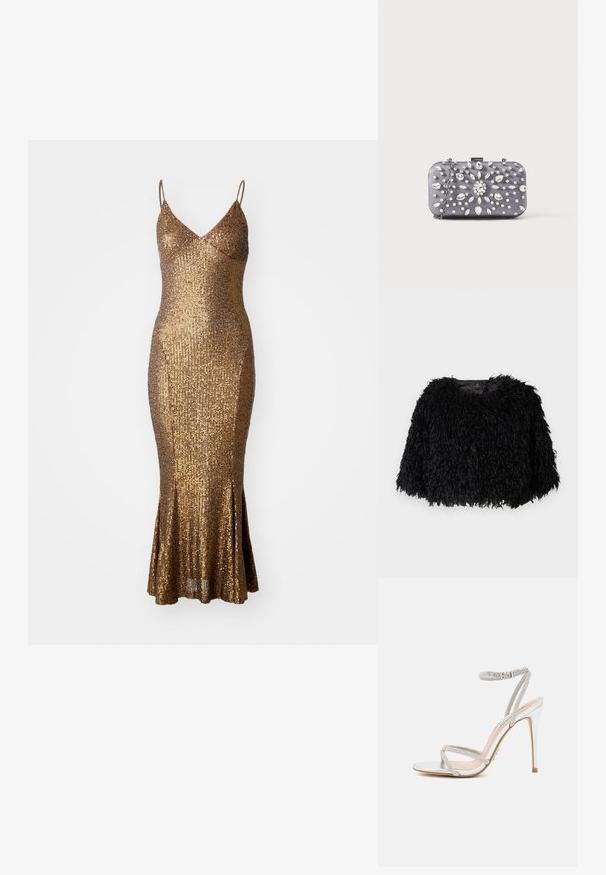 Schwarze, gefälschte Pelzjacke im Cropped-Stil mit einer strukturierten, flauschigen Oberfläche, rundem Ausschnitt und ohne sichtbare Verschlüsse. Futter im Halsbereich sichtbar.; Goldener Pailletten-Kleid mit figurbetonter Silhouette, Spaghettiträgern und ausgestelltem Saum. Texturierte Oberfläche reflektiert das Licht und verstärkt den Glanz.; Silberne High-Heels-Sandalen mit dünnen Riemen, verziert mit Strasssteinen, mit einem eleganten Design und einer spitzen Zehenpartie.; Kleine rechteckige dunkelgraue Clutch, verziert mit klaren Strasssteinen in einem strahlenförmigen Muster und einem silbernen Kettenriemen.