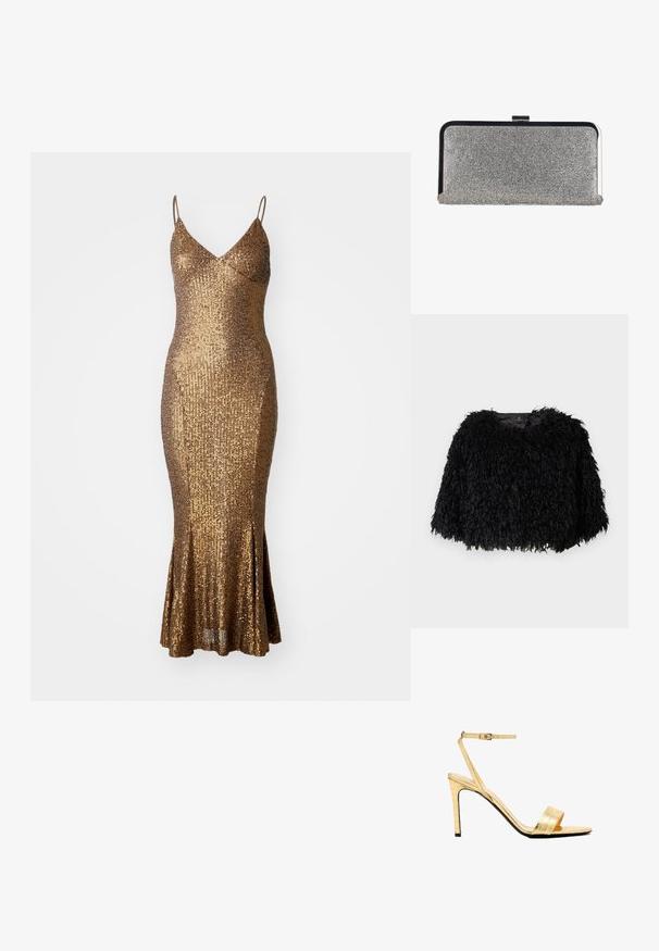 Schwarze, gefälschte Pelzjacke im Cropped-Stil mit einer strukturierten, flauschigen Oberfläche, rundem Ausschnitt und ohne sichtbare Verschlüsse. Futter im Halsbereich sichtbar.; Goldener Pailletten-Kleid mit figurbetonter Silhouette, Spaghettiträgern und ausgestelltem Saum. Texturierte Oberfläche reflektiert das Licht und verstärkt den Glanz.; Goldene Sandalen mit hohen Absätzen aus Kunstleder im Krokodil-Look, mit Knöchelriemen, offener Zehenpartie, schlanken Stiletto-Absätzen und einer glatten, glänzenden Oberfläche.; Rechteckige silberne Clutch-Tasche, bedeckt mit kleinen Strasssteinen, mit einem schwarzen und silbernen Metallrahmen und einem Verschluss.