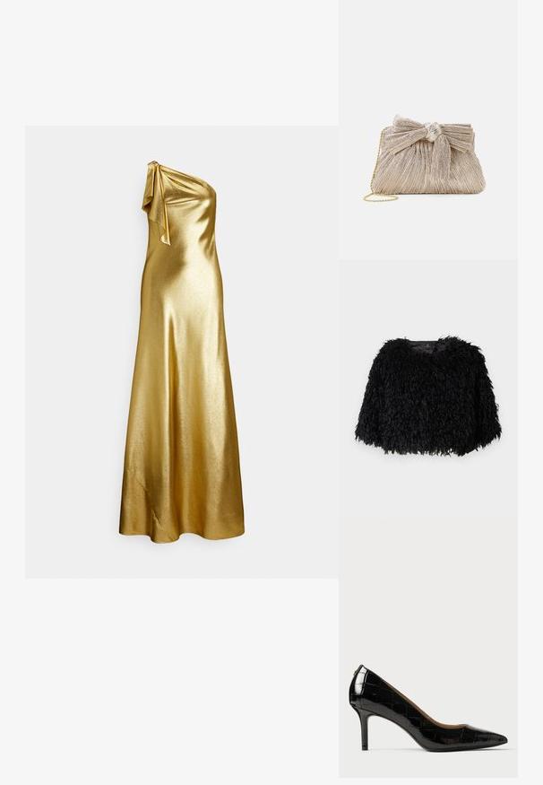 Sort faux fur cropped jakke med en tekstureret, fluffy overflade, rund halsudskæring og ingen synlige lukninger. Foret inderside synlig ved halsen.; Gold satin kjole med én skulder og bindedetalje ved skulderen, med en glat, glansfuld tekstur og gulvlængde.; Sorte patenteret læder højhælede pumper med spids tå, der har krokodillemønster og en slank stilettohæl.; Metallic guld clutch taske med plisseret stof, der har en sløjfedetalje øverst og en gylden kædetras for alsidighed og nem bæring.