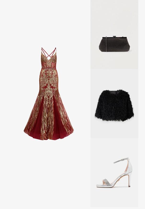 Sort faux fur cropped jakke med en tekstureret, fluffy overflade, rund halsudskæring og ingen synlige lukninger. Foret inderside synlig ved halsen.; Rød havfruekjole med gyldne blomster- og stribede palietmønstre, gennemsigtige sider, tætsiddende krop og krydsede spaghetti-stropper.; Sølv højhælet sandal med shiny patentoverdel, tekstureret rhinestone-strop, justerbar ankelstrop og et firkantet åbent tå-design.; Sort mesh clutch-taske med en struktureret silhuet, prydet med små metalstuds, har en låsemekanisme og en aftagelig kæderekke.