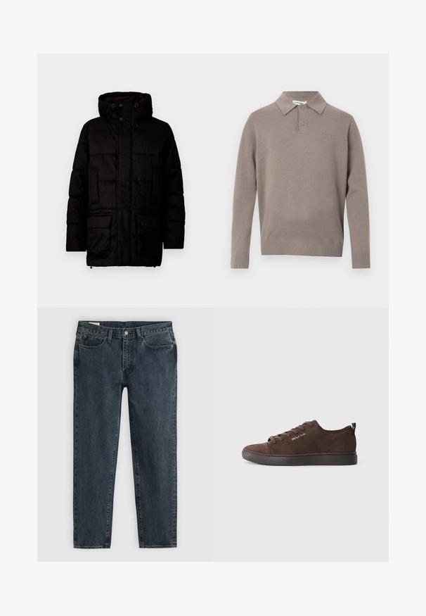 Zwarte pufferjack met een capuchon, met een gewatteerd ontwerp, drukknoopsluiting, twee voorzakken en branding nabij de zoom. Gladde textuur.; Grijs gebreid polo sweater met een kraag, twee knopen en geribbelde manchetten en zoom, met een subtiele logo op de borst.; Donkerblauwe denim jeans met een rechte pasvorm, vijf zakken en een knoopsluiting. Subtiele vervaging voegt textuur toe aan de stof.; Bruine suède sneakers met donkere rubberen zolen, voorzien van een ronde neus, vetersluiting aan de voorkant en subtiele branding aan de zijkant. Minimalistisch ontwerp.