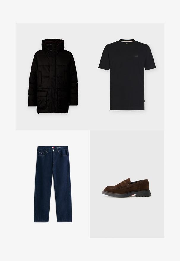 Schwarze Steppjacke mit Kapuze, ausgestattet mit einem gesteppten Design, Druckknöpfen, zwei Fronttaschen und Branding nahe dem Saum. Glatte Textur.; Schwarzes T-Shirt mit kurzen Ärmeln und Rundhalsausschnitt sowie kleinem "BOSS"-Logo auf der linken Brust, präsentiert auf weißem Hintergrund.; Dunkelblaue Jeans mit geradem Bein, fünf Taschen und Knopfverschluss, mit dezentem Branding auf der kleinen Fronttasche und am Bund.; Braune Wildleder-Loafer mit runder Zehenform, doppelter Riemen-Beschichtung und einer schwarzen Gummisohle mit strukturierten Rillen.