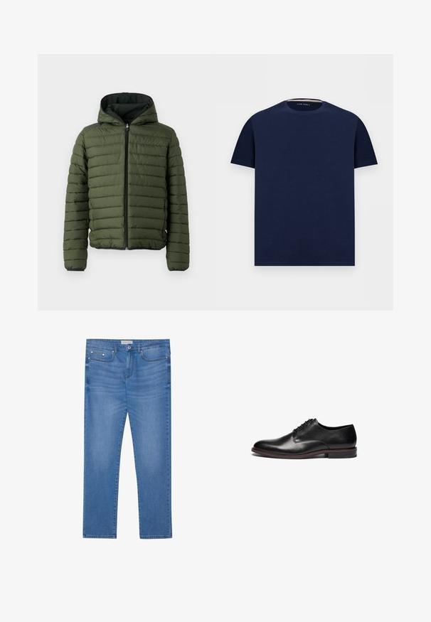 Veste rembourrée verte avec capuche, présentant un matelassage horizontal, une fermeture éclair à l'avant et des finitions noires le long des poignets et de l'ourlet.; T-shirt bleu marine à manches courtes avec col rond, tissu subtilement texturé et petit logo brodé sur la poitrine, posé à plat sur fond blanc.; Jeans en denim bleu clair avec une coupe droite, design à cinq poches, décoloration subtile et accents en métal au niveau de la taille et des poches.; Chaussure en cuir noir avec un bout arrondi, un laçage à cinq œillets et une semelle marron contrastante. Texture lisse avec des accents minimalistes.