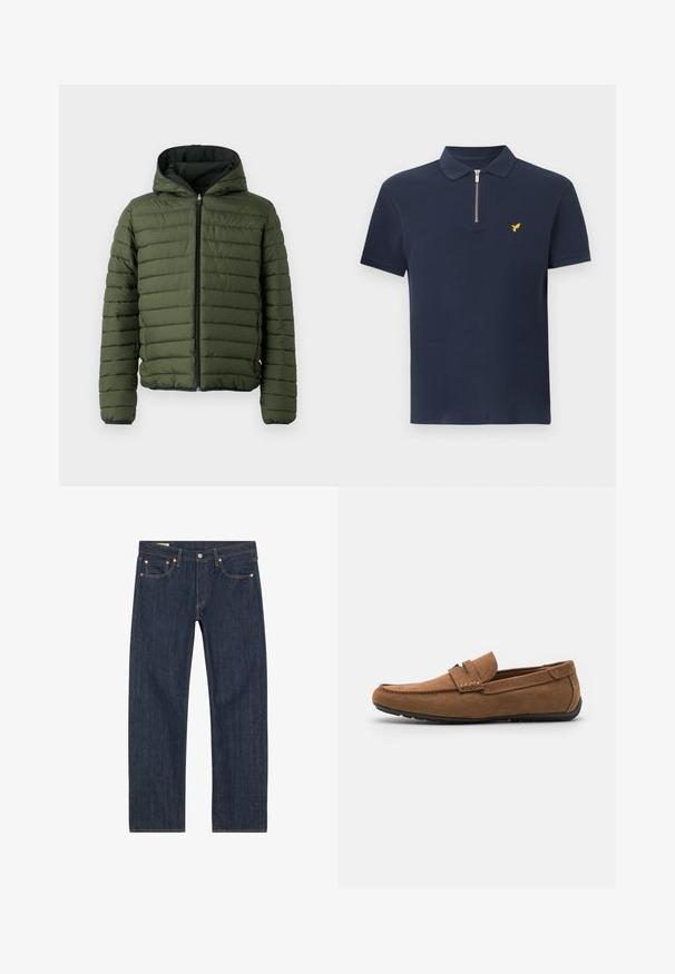 Groene gewatteerde jas met een capuchon, voorzien van horizontale stiksel, een voorrits en zwarte afwerking langs de manchetten en onderkant.; Navyblauw poloshirt met korte mouwen, geribbeld stofpatroon, zilveren rits aan de voorkant en een klein geel vogel-logo op de linkerborst.; Donkerblauwe denim jeans met een rechte snit, voorzien van koperen klinknagels, gele stiksels en voorzakken. Gladde textuur met minimale ontwerpelementen.; Bruine suède instappers met een flexibele zwarte rubberen zool, gestikte details op de bovenkant en een klassiek instapontwerp.