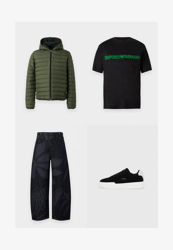 Groene gewatteerde jas met een capuchon, voorzien van horizontale stiksel, een voorrits en zwarte afwerking langs de manchetten en onderkant.; Zwart T-shirt met korte mouwen met groen geborduurd "EMPORIO ARMANI"-logo over de borst en een ronde hals.; Zwarte high-waist wijde denimbroek met subtiele donkere bladvormen en knoopdetails op de tailleband.; Zwarte lage sneaker met witte zool en hielstrip, vetersluiting aan de voorkant en Calvin Klein-logo op de zijkant.