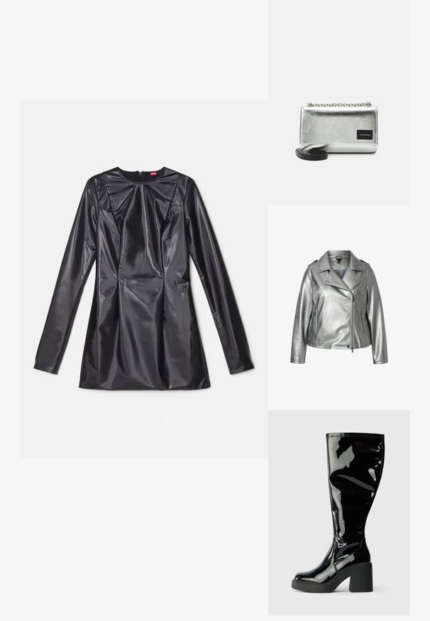 Veste de moto en simili cuir argenté avec un col en pointe, une fermeture éclair à l'avant et des poches latérales. Présente une texture lisse et une finition métallique.; 032c TRAPEZE TOO TIGHT MINI DRESS - Robe de soirée - black luster; Bottes en cuir verni noir, arrivant jusqu'aux genoux, avec une surface lisse et brillante, des orteils carrés et des talons épais noirs. Coutures décoratives sur le côté.; Calvin Klein Jeans SCULPTED FLAP - Sac à main - metallic