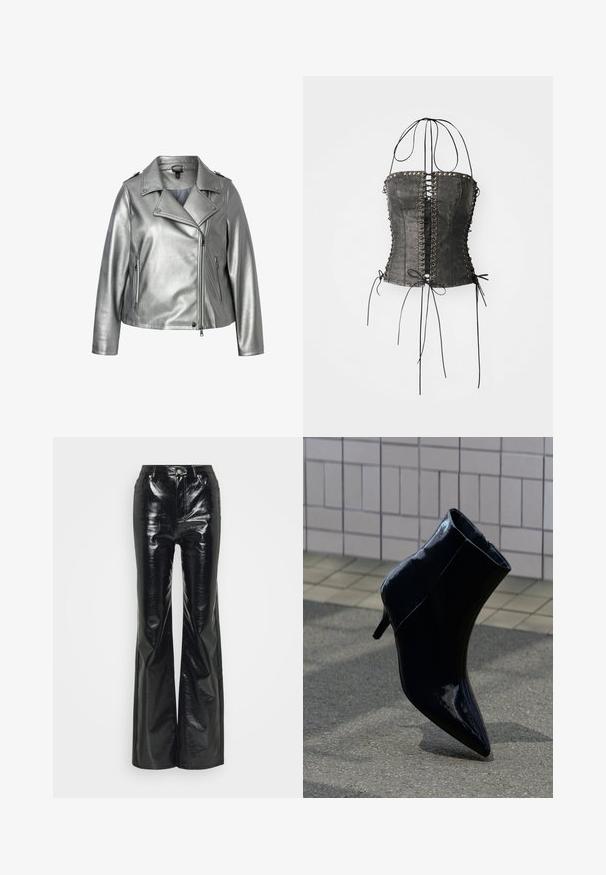 Sølv imitation læder motorcykeljakke med klippet krave, lynlås foran og sidelommer. Har en glat tekstur og en metallisk finish.; Jaded London LONGLINE LACE UP HALTER CORSET - Top - black; Sorte faux læder flare bukser med en blank finish, der har en høj talje, forlommer og sølvfarvede hardware-detaljer.; Sort enkelt ankelstøvle i lakeret læder med stilethæl, der står på en belagt overflade mod en væg med fliser.