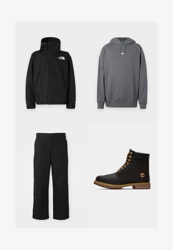 Veste imperméable noire avec capuche, dotée d'un zip à l'avant et de boutons-pression. Comprend un logo sur la poitrine et des poignets ajustables.; Hoodie gris en tissu doux, avec une poche kangourou, une capuche à cordon, des poignets côtelés et un petit logo sur la poitrine.; Pantalons noirs à jambes larges en tissu doux. Présentent une fermeture à bouton, des passants de ceinture et des ourlets droits pour un ajustement décontracté.; Bottine noire en cuir avec œillets dorés, accents marron et semelle en caoutchouc. Comprend un col rembourré et un logo estampé sur le côté.