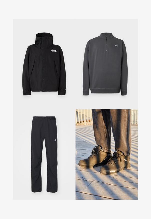 Chaqueta negra impermeable con capucha, presenta un cierre frontal con cremallera y botones de presión. Incluye un logo en el pecho y puños ajustables.; Jersey de manga larga gris oscuro con cuello de cremallera cuarto y pequeño logo blanco de The North Face en el pecho izquierdo.; The North Face ABUKUMA PANT - Pantalones - black; Las botas de senderismo negras de Timberland presentan un diseño de caña alta, una superficie texturizada y cordones redondos, todo ello sobre un fondo de suelo de madera.