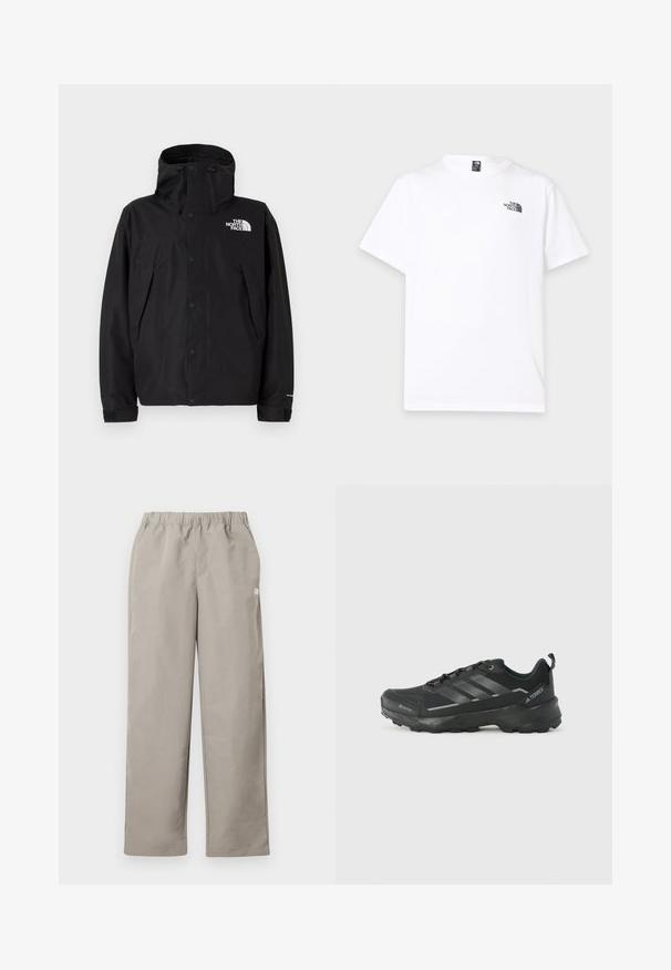 Veste imperméable noire avec capuche, dotée d'un zip à l'avant et de boutons-pression. Comprend un logo sur la poitrine et des poignets ajustables.; T-shirt blanc à manches courtes avec col rond et petit logo noir The North Face sur la partie supérieure gauche de la poitrine.; Pantalon beige à jambe droite avec une ceinture élastique et un petit logo blanc sur la couture latérale droite.; Chaussure de sport noire avec un dessus en tissu texturé, trois rayures argentées, un orteil renforcé et une semelle en caoutchouc robuste pour une meilleure adhérence.