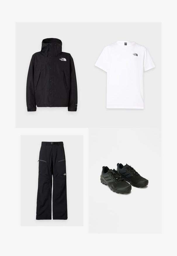 Veste imperméable noire avec capuche, dotée d'un zip à l'avant et de boutons-pression. Comprend un logo sur la poitrine et des poignets ajustables.; T-shirt blanc à manches courtes avec col rond et petit logo noir The North Face sur la partie supérieure gauche de la poitrine.; Pantalon de plein air noir avec ceinture ajustable, deux poches cuisses zippées et le logo The North Face sur la jambe droite.; Baskets noires avec une tige texturée, une semelle en caoutchouc durable et des accents réfléchissants subtils ; dotées d'un système de laçage pour un maintien sécurisé.