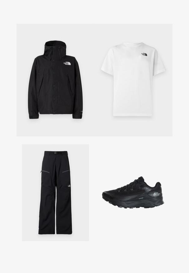 Veste imperméable noire avec capuche, dotée d'un zip à l'avant et de boutons-pression. Comprend un logo sur la poitrine et des poignets ajustables.; T-shirt en coton blanc à manches courtes et col rond. Présente un petit logo noir sur le côté gauche supérieur. Texture lisse.; Pantalon de plein air noir avec ceinture ajustable, deux poches cuisses zippées et le logo The North Face sur la jambe droite.; Baskets de sport noires avec une tige en mesh respirant, semelle en caoutchouc, accents texturés et embout renforcé pour plus de durabilité.