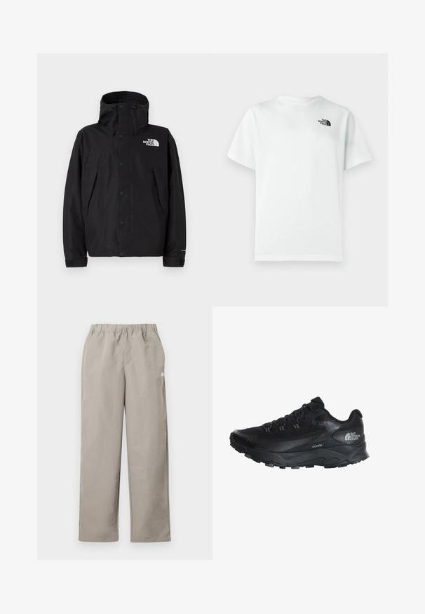 Chaqueta negra impermeable con capucha, presenta un cierre frontal con cremallera y botones de presión. Incluye un logo en el pecho y puños ajustables.; Camiseta blanca de algodón con mangas cortas y cuello redondo, con un pequeño logotipo negro en la parte izquierda del pecho. Textura suave.; Pantalones beige de corte recto con cinturilla elástica y un pequeño logo blanco en la costura lateral derecha.; Zapatilla deportiva negra con parte superior de malla transpirable, suela de goma, acentos texturizados y punta reforzada para mayor durabilidad.