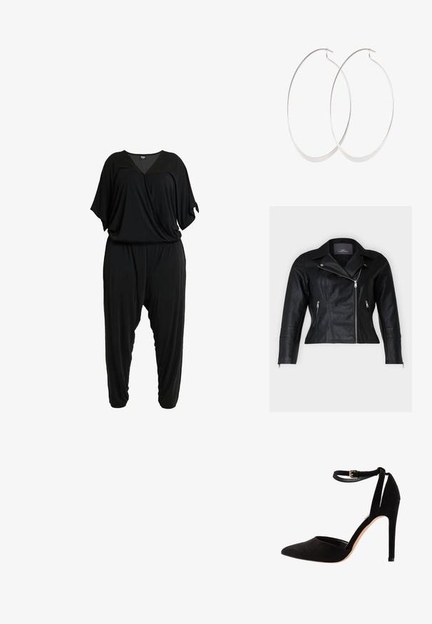 Schwarze Leder-Bikerjacke mit tailliertem Schnitt, eingekerbten Revers, zwei Reißverschlussfronttaschen und strukturierten Schulterakzenten.; Schwarzer Jumpsuit mit kurzen Fledermausärmeln, V-Ausschnitt, geraffter Taille und lockeren, zulaufenden Beinen, dargestellt auf weißem Hintergrund.; Schwarze Wildleder-Pumps mit spitzer Zehe, Knöchelriemen und Stiletto-Absatz. Das Design zeichnet sich durch eine glatte Textur mit minimalen Verzierungen aus.; Silberne Creolen mit einem dünnen, glatten Design; länglich-ovale Form; polierte Oberfläche; ausgestattet mit einem sicheren Hakenverschluss.