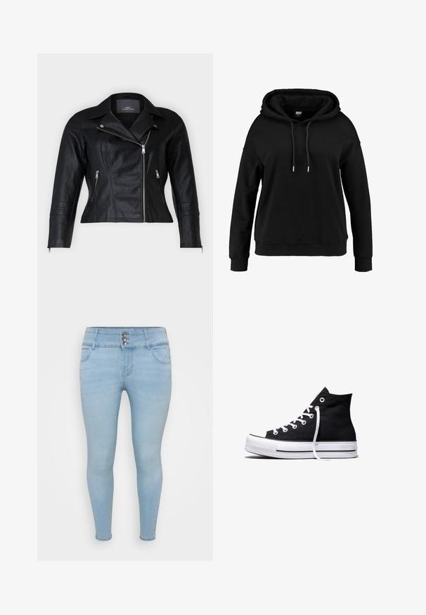 Schwarze Leder-Bikerjacke mit tailliertem Schnitt, eingekerbten Revers, zwei Reißverschlussfronttaschen und strukturierten Schulterakzenten.; Schwarzer Kapuzenpullover mit lockerer Passform, Kordelzug am Hals, langen Ärmeln, gerippten Bündchen und Saum. Aus weichem, strukturiertem Stoff gefertigt.; Helleblaue Skinny Jeans aus Denim. Features einen Dreiknopfverschluss, zwei Vordertaschen und eine glatte Textur.; Schwarzer High-Top-Canvas-Sneaker mit weißer Gummisohle und weißen Schnürsenkeln, seitlich dargestellt vor weißem Hintergrund.