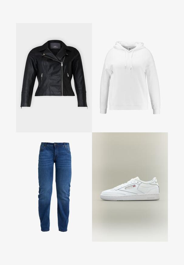 Schwarze Leder-Bikerjacke mit tailliertem Schnitt, eingekerbten Revers, zwei Reißverschlussfronttaschen und strukturierten Schulterakzenten.; Weißer Hoodie mit lockerer Passform, Kordeln an der Kapuze, gerippten Bündchen und Saum. Aus weichem Stoff mit glatter Textur gefertigt.; Blaue Jeans aus Denim mit geradem Bein, fünf Taschen-Design und subtilen Ausbleichungen. Mit Knopfverschluss und gestickten Details.; Weißer Reebok Low-Top Sneaker mit Nahtdetails, Perforationen nahe den Zehen und Reebok-Logo mit kleinem Union Jack an der Seite.