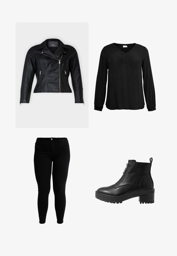 Chaqueta de moto de cuero negro con un corte ajustado, solapas muesca, dos bolsillos frontales con cremallera y acentos texturizados en los hombros.; Blusa negra de manga larga con escote en V, que presenta una textura sutil y un corte recto. Incluye un pequeño detalle de abertura en la zona del cuello.; Jeans skinny negros de cintura alta con botón frontal, trabillas y bolsillos frontales, mostrados sobre un fondo blanco.; Bota negra de cuero hasta el tobillo con cierre de cremallera lateral, tacón grueso negro y suela texturizada para una mejor tracción. Acabado liso con acentos mínimos.