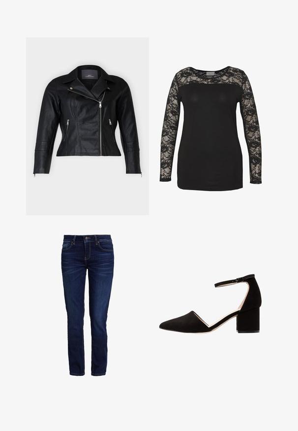 Schwarze Leder-Bikerjacke mit tailliertem Schnitt, eingekerbten Revers, zwei Reißverschlussfronttaschen und strukturierten Schulterakzenten.; Schwarzes Oberteil mit langen Spitzenärmeln, bestehend aus einem einfarbigen schwarzen Körper und floralen Spitzendetails. Runder Ausschnitt mit glatter Textur.; Dunkelblaue Denim-Jeans im Slim-Fit mit Reißverschluss, fünf Taschen und sichtbaren Steppnähten, die eine glatte Textur bieten.; Schwarzer Wildleder-Blockabsatzschuh mit spitzer Zehe und Knöchelriemen; zeichnet sich durch eine glatte Textur und ein minimalistisches Design aus.
