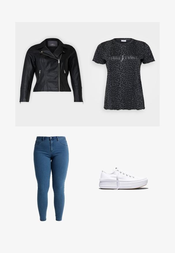 Musta nahkainen moottoripyöräjakku, jossa on istuva leikkaus, lovet kauluksessa, kaksi vetoketjullista etutaskua ja teksturoidut olkatussit.; ONLY Carmakoma CARMIKO WASHED SS REG TEE JRS - Printtipaita - phantom; Siniset korkeavyötäröiset skinny farkut, joissa on etu- ja takataskut, nappikiinnitys ja vyölenkit, esiteltynä valkoista taustaa vasten.; Valkoinen matala kangastennari paksulla korokepohjalla, etuosassa nauhat ja kumipäällysteinen, teksturoitu varvasosa, esitetty sivuprofiilissa.