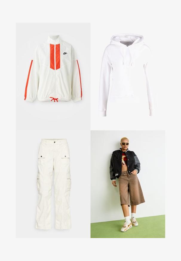 Valge tuulejope punaste vertikaalsete triipudega ja nööriga alumises osas. Omab püsti seisvat kraed ja esimest lukku. Nike logo rinnal.; Valge kapuutsiga dressipluus pehmest kangast, ees suure känguru tasku, nööri reguleeritav kapuuts ning soonikkoes mansetid ja äär. Lihtne ja mugav disain.; Kerged mahutavad püksid helesuhte puuvillast, millel on kaks suurt küljetaskut, nööbiga sulgemine ja lõdva istuvusega sirge sääre disain.; Lühemate blondide juustega inimene, kes kannab päikeseprille, musta varsity-jakki, graafilist lühikest toppi, pruune laiu pükse ja valgeid Nike tennisiseid, seisab rohelisel põrandal.