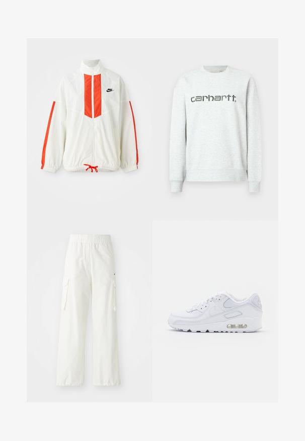 Valge tuulejope punaste vertikaalsete triipudega ja nööriga alumises osas. Omab püsti seisvat kraed ja esimest lukku. Nike logo rinnal.; Heledad hallhalliga sweatshirt heleda kaelusega, soonikkoes varrukate ja alläärega. Ees on tumesinise värviga trükitud "carhartt." logo.; Valged cargo püksid, millel on lai jalgade disain, varustatud elastse vöökoha ja küljetaskutega. Tekstureeritud kangas sileda pinnaga.; Nike Sportswear AIR MAX 90 - Tossud - white/metallic gold