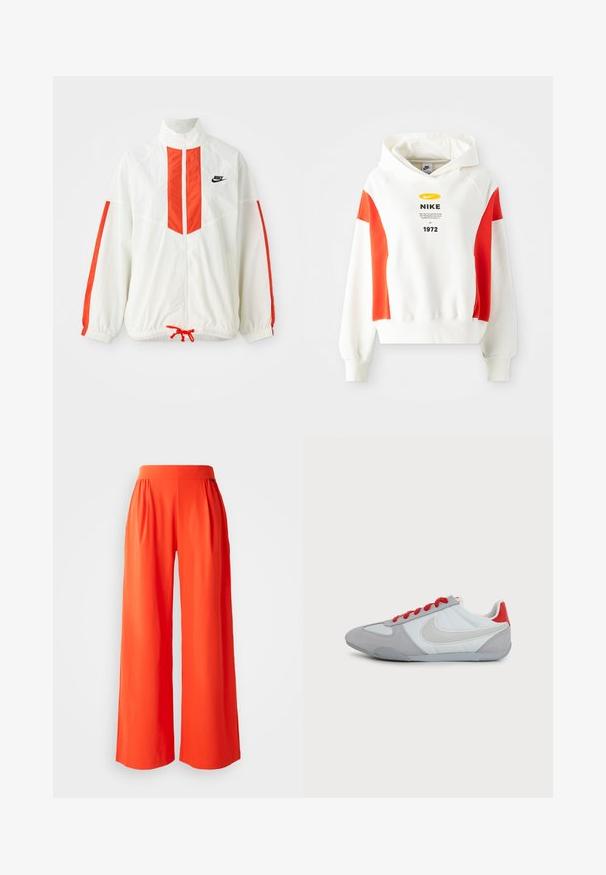 Weiße Windjacke mit roten vertikalen Streifen und Kordelzug am Saum. Verfügt über einen stehenden Kragen und einen Reißverschluss auf der Vorderseite. Nike-Logo auf der Brust.; Weißer Hoodie mit roten Akzenten, Kapuze mit Kordelzug und grafischem Druck auf der Vorderseite. Mit Logo und Text auf der Brust. Weicher Stoff, gerippte Bündchen und Saum.; Weite Hose aus glattem, leuchtend orangefarbenem Stoff. Mit hohem Bund und Falten für einen lässigen Sitz. Sauberes, unverziertes Design.; Flacher grauer und weißer Nike-Sneaker mit großem weißem Swoosh, rotem Fersenlasche und roten Schnürsenkeln auf einfachem Hintergrund.