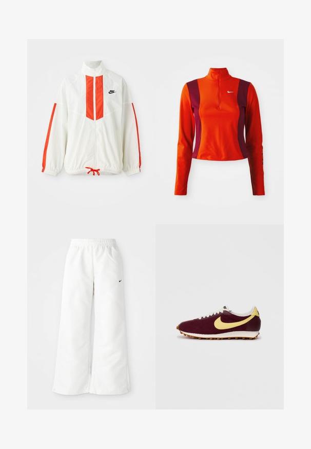 Weiße Windjacke mit roten vertikalen Streifen und Kordelzug am Saum. Verfügt über einen stehenden Kragen und einen Reißverschluss auf der Vorderseite. Nike-Logo auf der Brust.; Roter und lila Langarm-Oberteil mit einem Viertelreißverschluss, das ein Nike-Logo auf der Brust trägt und eine figurbetonte Passform mit einer glatten Textur aufweist.; Weiße Sporthose mit weitem Bein, elastischem Bund und kleinem schwarzen Nike-Logo auf der linken Seite. Glattes, leichtes Material.; Maronfarbene Sneaker mit gelbem Swoosh, weißen Schnürsenkeln und einem strukturierten Textilobermaterial. Gummisohle mit gerilltem Muster. Klassisches Design eines Laufschuhs.