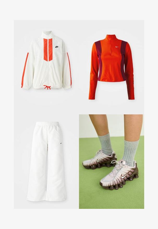 Weiße Windjacke mit roten vertikalen Streifen und Kordelzug am Saum. Verfügt über einen stehenden Kragen und einen Reißverschluss auf der Vorderseite. Nike-Logo auf der Brust.; Roter und lila Langarm-Oberteil mit einem Viertelreißverschluss, das ein Nike-Logo auf der Brust trägt und eine figurbetonte Passform mit einer glatten Textur aufweist.; Weiße Sporthose mit weitem Bein, elastischem Bund und kleinem schwarzen Nike-Logo auf der linken Seite. Glattes, leichtes Material.; Nike Sneaker in Hellrosa und Braun mit einer strukturierten Oberseite, geschichtetem Design und dämpfender Außensohle mit sichtbaren Air-Elementen.