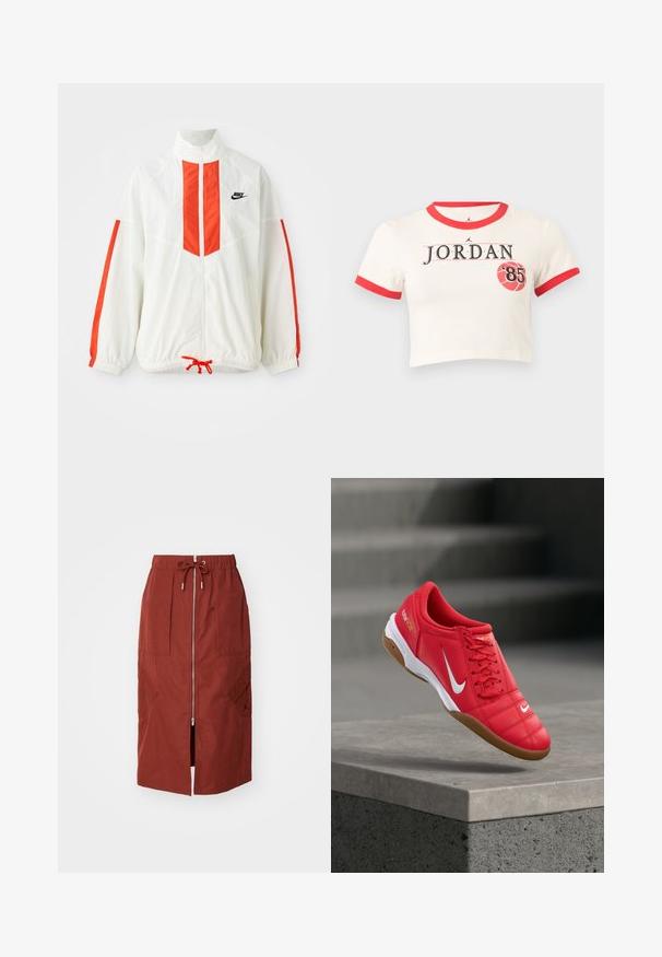 Valge tuulejope punaste vertikaalsete triipudega ja nööriga alumises osas. Omab püsti seisvat kraed ja esimest lukku. Nike logo rinnal.; Valge lühike T-särk punase äärega krae ja varrukate juures, tekst "JORDAN" ja punane korvpalli graafika "'85" ees.; Keskmise pikkusega seelik terrakota punases, millel on eesne lukuga, elastne vöökoht koos tõmblukuga ja küljetaskud geomeetrilise mustriga.; Punane Nike siseruumide jalgpallijalats valge Swoosh-logo, kummist tallaga ja "total90 III" brändinguga, hõljub betoonserva kohal.