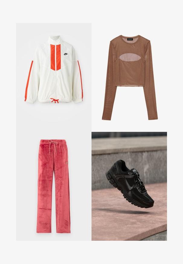 Valge tuulejope punaste vertikaalsete triipudega ja nööriga alumises osas. Omab püsti seisvat kraed ja esimest lukku. Nike logo rinnal.; Pruun võrkmaterjalist pikad varrukad, lühikese lõikega top, millel on ümmargune kaelus ja lõike detail rinnas. Kerge kangas, millel on läbipaistev tekstuur.; Punased sametised laiad püksid paelaga vööl ja väikese Nike logo vasakul reiel, esitletud ühevärvilisel taustal.; Mustad spordijalats võrgust pealsega, tekstuursete detailide ja pehmendusega tallaga. Silmapaistev Nikei bränding keeletükil ja sujuvad disainielemendid.