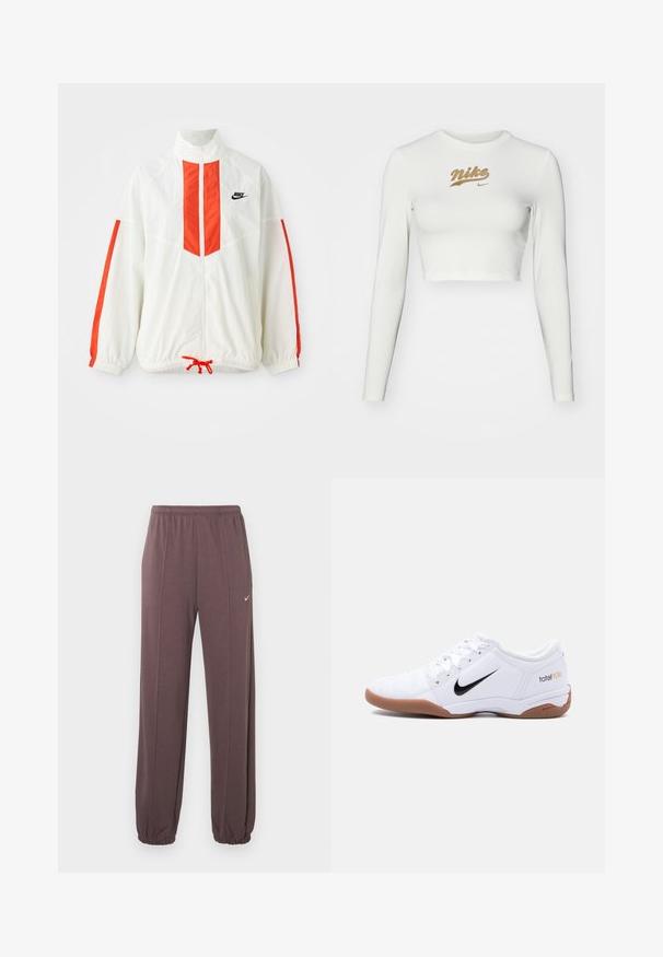 Weiße Windjacke mit roten vertikalen Streifen und Kordelzug am Saum. Verfügt über einen stehenden Kragen und einen Reißverschluss auf der Vorderseite. Nike-Logo auf der Brust.; Weißes, langärmliges Crop-Top aus glattem Stoff, mit einem goldenen Nike-Logo-Print auf der Brust und einem klassischen Rundhalsausschnitt.; Braune Jogginghose mit elastischem Bund, seitlichen Nähten, elastischen Bündchen und einem kleinen weißen Nike-Logo am oberen linken Oberschenkel.; Weißer Nike Total 90 III Hallenfußballschuh mit schwarzem Swoosh-Logo und gumfarbener Sohle, von der Seite auf einfachem Hintergrund gezeigt.