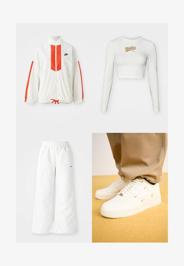 Valge tuulejope punaste vertikaalsete triipudega ja nööriga alumises osas. Omab püsti seisvat kraed ja esimest lukku. Nike logo rinnal.; Valge pika varrukaga lühikese lõikega topp, mis on valmistatud siledast kangast, esitades kuldse Nike logo trükiga rinnal ja klassikalise ümarate kaelusega.; Valged spordipüksid laia jalaga disainiga, elastse vöökohtaga ja väike must Nike logo vasakul küljel. Sile, kerge materjal.; Valge nahast tossud perforatsiooniga varbaküljel, kuldsed aktsendid ja lame nöör, koos beežide pükstega tekstureeritud kollasel pinnal.