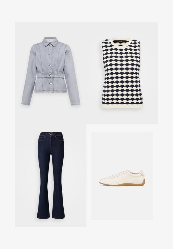 Lysegrå denimjakke med krave, trykknapper, figursyet talje og subtile syninger. Lange ærmer med en struktureret design.; Marineblå og cremefarvet ærmeløs striktrøje med bølgemønster, v-hals og ribkant. Lavet af et blødt, struktureret stof.; Vidde mørkeblå denimjeans med høj talje, knaplukning samt for- og baglommer. Glat tekstur med kontrasterende syningsdetaljer.; Hvid lædersneaker med en glat tekstur, rund tå og tonale syninger. Har en tanfarvet gummisål og snørebånds-lukning.