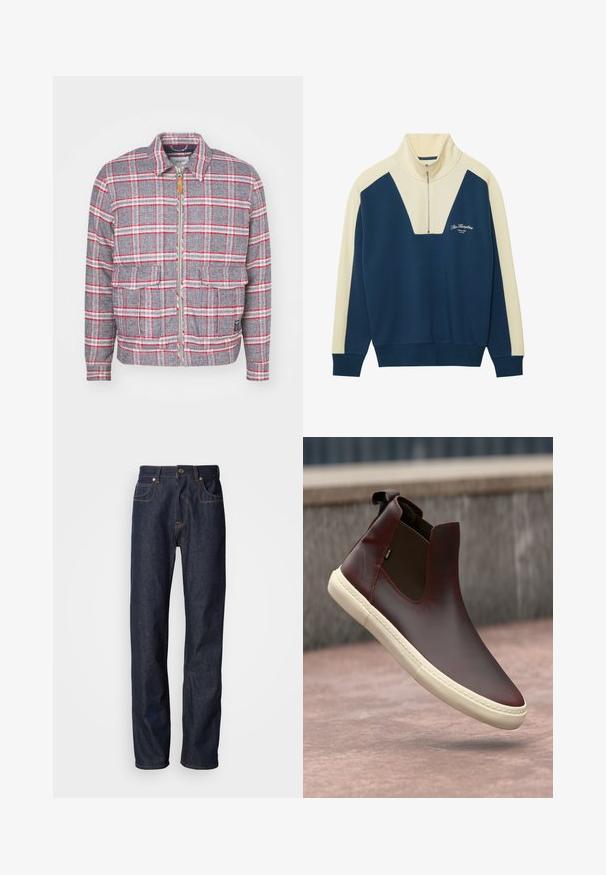 Grå og rød ternet jakke med lynlås foran, to forlommer og en simpel krave. Lavet af et struktureret stof. Casual design.; Marineblå og cremefarvet pullovertrøje med halvlukket krave, der har et V-formet design og logo tekst på brystet. Blødt bomuldsblandingsmateriale.; Mørkeblå denimjeans med lige pasform, udstyret med kobberbroderi, femlommesdesign og klassisk lynlås og knaplukning.; Brune læder ankelsko med elastiske sidepaneler, en glat overflade, hvid gummisål og et minimalistisk design.