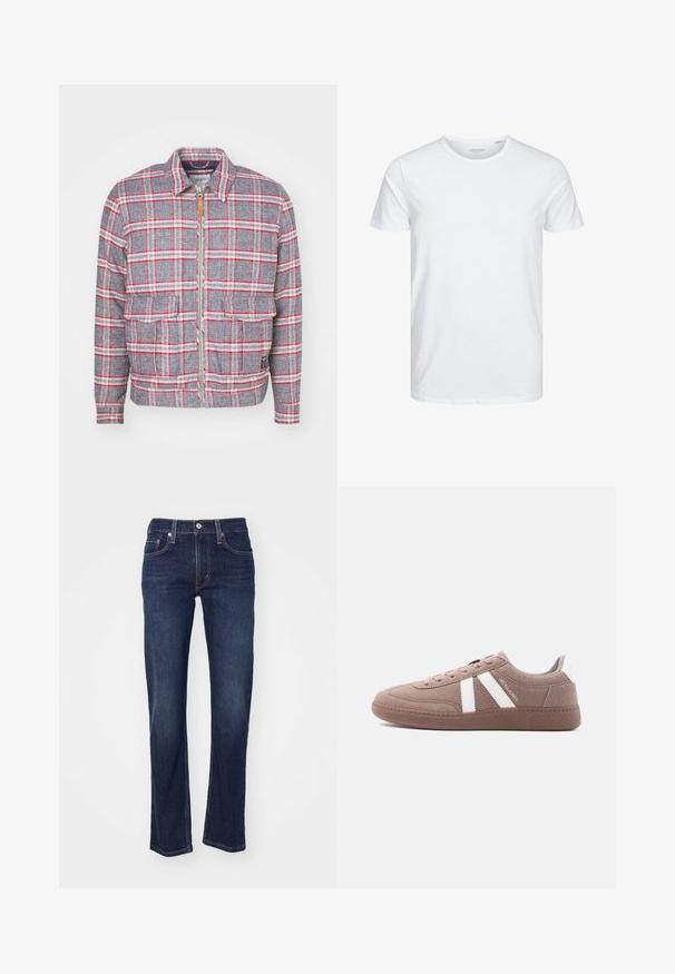 Grå og rød ternet jakke med lynlås foran, to forlommer og en simpel krave. Lavet af et struktureret stof. Casual design.; Rundhals kortærmet t-shirt i ensfarvet hvid, lavet af blød bomuld, har et simpelt design uden synlige mønstre eller detaljer.; Mørkeblå denim jeans med lige benudskæring, der har et traditionelt fem-lomme design og syede detaljer ved sømmene.; Afslappet brun ruskindsneaker med hvide striber, snørelukning, tekstureret sål og "JACK & JONES"-branding på siden.
