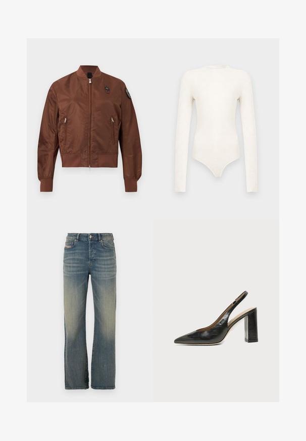 Veste bomber marron avec fermeture éclair à l'avant, deux poches zippées, poignets et ourlet côtelés, et un écusson sur le haut de la manche gauche.; Body à manches longues couleur blanc cassé avec un motif géométrique subtil, doté d'un col montant et d'une silhouette ajustée, confectionné dans un tissu doux.; Jean en denim bleu clair avec une coupe droite. Doté d'une fermeture à bouton, de poches avant et d'un léger délavage au niveau des cuisses.; Chaussure slingback en cuir noir à bout pointu avec un talon bloc haut et une doublure intérieure beige sur un fond clair uni.