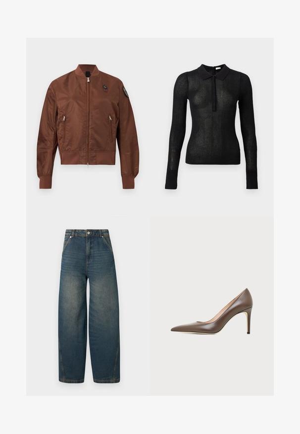 Veste bomber marron avec fermeture éclair à l'avant, deux poches zippées, poignets et ourlet côtelés, et un écusson sur le haut de la manche gauche.; Haut en tricot noir à manches longues, ajusté, avec une texture transparente et un col uni, patte de boutonnage à l'avant, présenté sur un fond uni.; Jean en denim bleu à taille haute et jambes larges avec poches avant et fermeture par bouton, présentant des détails décolorés sur les cuisses et les coutures.; Chaussure à talon haut en cuir marron à bout pointu avec un talon aiguille fin et une finition lisse sur un fond clair.