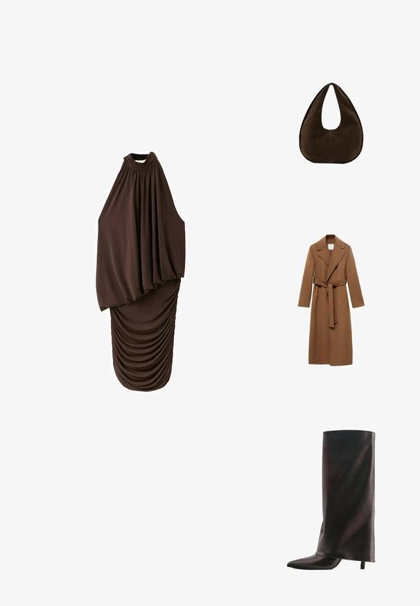 Manteau long en laine marron avec col cranté, manches longues et ceinture à nouer. Présente une coupe ajustée et une texture lisse.; Robe midi marron foncé sans manches avec col haut, haut drapé ample et bas de jupe froncé et ajusté.; Botte haute noire en cuir avec un bout pointu et un talon fin de hauteur moyenne sur fond blanc.; Sac à main en daim marron foncé en forme de croissant avec une seule sangle large et une texture lisse sur fond blanc.