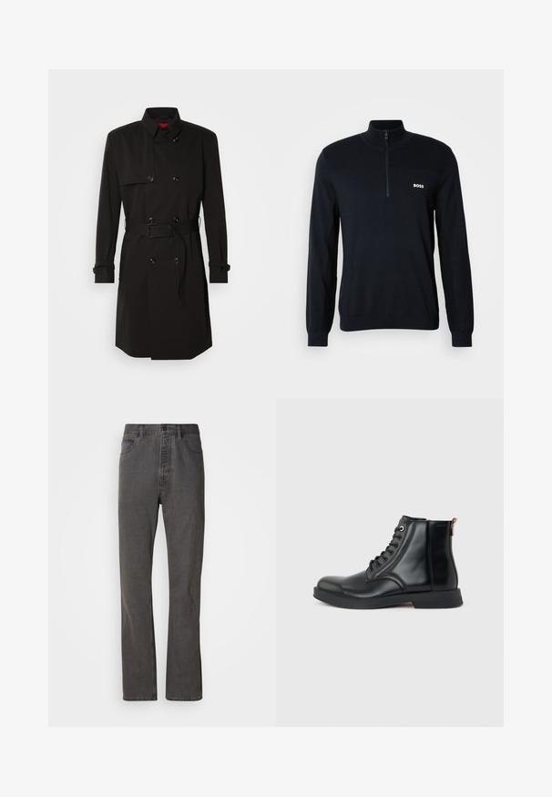 Zwarte trenchcoat met een dubbelzijdig ontwerp, grote knopen, een tailleband en een hoge kraag. Gladde stof met een matte afwerking.; Marine pullover met een hoge kraag en een halve rits. Het materiaal is zacht met een gestructureerde afwerking. Heeft een klein wit "BOSS" logo op de borst.; Grijze spijkerbroek met een rechte pijp, voorzien van voorzakken, een knoopsluiting en een subtiele textuur.; Zwarte leren enkellaars met veters aan de voorkant, ronde neus, platte zool en trekkoord aan de achterkant op een effen lichtgrijze achtergrond.