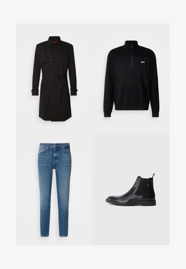 Zwarte trenchcoat met een dubbelzijdig ontwerp, grote knopen, een tailleband en een hoge kraag. Gladde stof met een matte afwerking.; Zwarte pullovertrui met een halve rits kraag, voorzien van geribbelde textuur op de schouders en een klein wit "BOSS" logo op de borst.; Lichtblauwe denim jeans met een rechte pasvorm, traditionele vijf-pocket stijl, metalen knoopsluiting en subtiele vervaging aan de voorkant.; Zwarte leren Chelsea-boots met elastische zijpanelen, een treklipje en een vlakke rubberen zool. Gladde textuur met minimale details.
