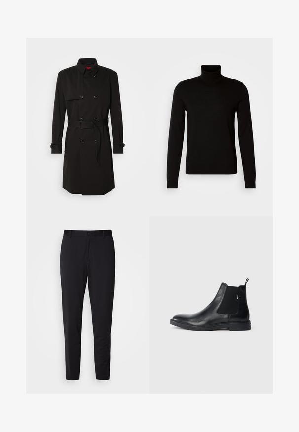 Schwarzer Trenchcoat mit einem doppelt knöpfbaren Design, großen Knöpfen, einem taillierten Gürtel und einem hohen Kragen. Glattes Material mit matter Oberfläche.; Schwarzer Rollkragenpullover aus feiner Strickware, mit langen Ärmeln und taillierter Silhouette. Glatte Textur mit gerippten Bündchen.; Schwarze Hose aus strukturiertem Stoff, mit geradem Schnitt, normalem Bund mit einem Knopf und seitlichen Taschen.; Schwarze Leder Chelsea-Boots mit elastischen seitlichen Einsätzen, einer Zugschlaufe und einer flachen Gummisohle. Glatte Textur mit minimaler Ausgestaltung.
