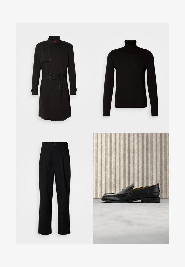 Zwarte trenchcoat met een dubbelzijdig ontwerp, grote knopen, een tailleband en een hoge kraag. Gladde stof met een matte afwerking.; Zwarte coltrui van fijn gebreide stof, met lange mouwen en een getailleerde pasvorm. Gladde textuur met geribbelde manchetten.; Zwarte rechte broek met een knoopsluiting, lusjes voor een riem en een voornaad, gepresenteerd tegen een effen witte achtergrond.; Zwarte leren herenslipper met een krokodillen-embossed voorblad en een lage hak, zij-aanzicht op een neutrale achtergrond.