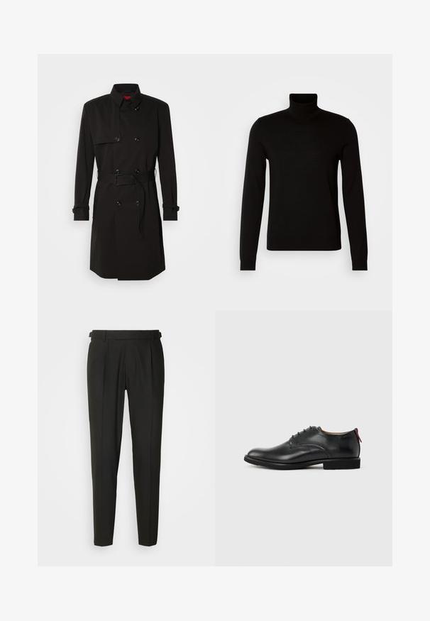 Zwarte trenchcoat met een dubbelzijdig ontwerp, grote knopen, een tailleband en een hoge kraag. Gladde stof met een matte afwerking.; Zwarte coltrui van fijn gebreide stof, met lange mouwen en een getailleerde pasvorm. Gladde textuur met geribbelde manchetten.; Zwarte op maat gemaakte broeken met een vlakke voorkant, twee plooien, riemlusjes en een rechte pijpdesign. Gemaakt van een gladde, lichtgewicht stof.; Zwarte leren herenschoen met vetersluiting en rood trekfolie op de hiel tegen een effen achtergrond.