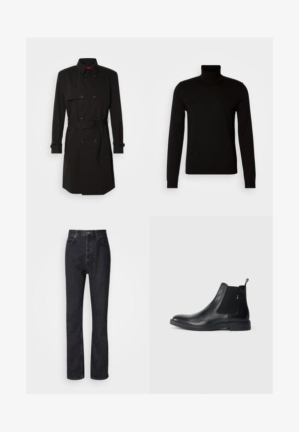 Zwarte trenchcoat met een dubbelzijdig ontwerp, grote knopen, een tailleband en een hoge kraag. Gladde stof met een matte afwerking.; Zwarte coltrui van fijn gebreide stof, met lange mouwen en een getailleerde pasvorm. Gladde textuur met geribbelde manchetten.; Hoge taille zwarte denim jeans met een knoop- en ritssluiting, voor- en achterzakken en een rechte pasvorm.; Zwarte leren Chelsea-boots met elastische zijpanelen, een treklipje en een vlakke rubberen zool. Gladde textuur met minimale details.