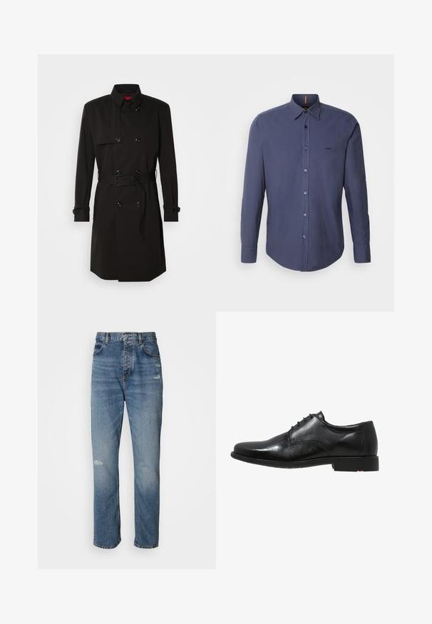 Schwarzer Trenchcoat mit einem doppelt knöpfbaren Design, großen Knöpfen, einem taillierten Gürtel und einem hohen Kragen. Glattes Material mit matter Oberfläche.; Dunkelblauses Langarmhemd aus Baumwolle mit klassischem Kragen, abgerundetem Saum und Logo-Stickerei auf der Brust.; Hellblaue Denim-Jeans im Straight-Leg-Design, mit einem Knopf- und Reißverschluss, fünf Taschen und leicht abgetragenen Details im Kniebereich.; Schwarze Lederdressschuhe mit glatter Textur, runder Zehenform, Fünf-Ösen-Schnürung und einer niedrig profilierten schwarzen Sohle mit rotem Akzent.