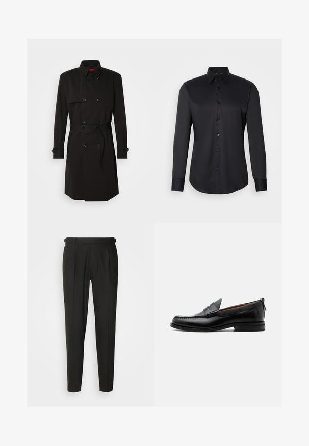 Schwarzer Trenchcoat mit einem doppelt knöpfbaren Design, großen Knöpfen, einem taillierten Gürtel und einem hohen Kragen. Glattes Material mit matter Oberfläche.; Schwarze Hemdbluse aus glattem Stoff, mit klassischem Kragen, langen Ärmeln und Knopfverschluss auf der Vorderseite.; Schwarze maßgeschneiderte Hose mit flacher Vorderseite, zwei Falten, Gürtelschlaufen und geradem Bein. Hergestellt aus glattem, leichtem Stoff.; Schwarzer Leder-Herrenschuh mit Mokassinnaht, Penny-Riemen, strukturiertem Kragen und niedrigem gestapeltem Absatz auf weißem Hintergrund.