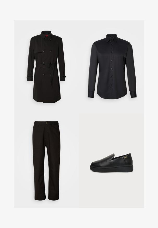 Schwarzer Trenchcoat mit einem doppelt knöpfbaren Design, großen Knöpfen, einem taillierten Gürtel und einem hohen Kragen. Glattes Material mit matter Oberfläche.; Schwarze Hemdbluse aus glattem Stoff, mit klassischem Kragen, langen Ärmeln und Knopfverschluss auf der Vorderseite.; Schwarze Baumwollhosen mit geradem Schnitt, Gürtelschlaufen, einem Reißverschluss vorne und einem einzelnen Knopfverschluss. Glatte Textur ohne sichtbare Muster.; Schwarzer Lederschlupfschuh mit dicker Sohle und kleinen seitlichen Belüftungslöchern, mit goldenem "HUGO"-Logo nahe der Ferse.