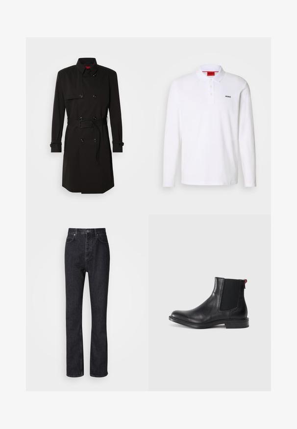 Zwarte trenchcoat met een dubbelzijdig ontwerp, grote knopen, een tailleband en een hoge kraag. Gladde stof met een matte afwerking.; Witte lange mouwen polo-shirt gemaakt van katoen, met een kraag, een drie-knops sluiting en een zwart "HUGO" logo op de linkerborst.; Hoge taille zwarte denim jeans met een knoop- en ritssluiting, voor- en achterzakken en een rechte pasvorm.; Zwarte leren Chelsea-boot met elastische zijpanelen, ronde neus en een lage gestapelde hak. Heeft een rode lusstab en subtiele branding aan de zijkant.